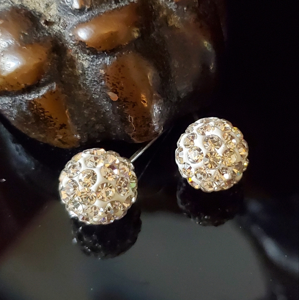 Pave crystal ball stud earrings with sterling silver posts and backs new